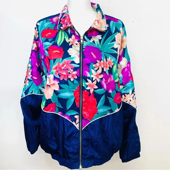 Womans Windbreaker Nylon Jacket XL  90s‎ Track Floral Colorful Full Zip Pockets - Picture 1 of 12